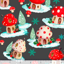 Load image into Gallery viewer, QT Fabrics - Gnome for the Holidays - Mushroom Houses Toss - Slate - 1/2 YARD CUT