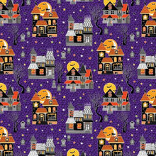 Load image into Gallery viewer, Benartex - Glow-O-Ween - Haunted House on Purple - GLOW IN THE DARK - 1/2 YARD CUT