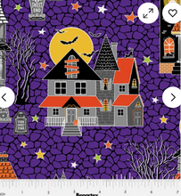 Load image into Gallery viewer, Benartex - Glow-O-Ween - Haunted House on Purple - GLOW IN THE DARK - 1/2 YARD CUT