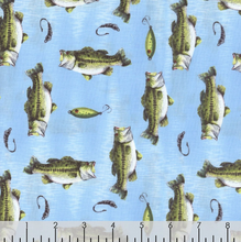 Load image into Gallery viewer, Wilmington Prints - Reeled In - Directional Fish Toss - Light Blue - 1/2 YARD CUT