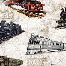 Load image into Gallery viewer, QT Fabrics - Steam & Steel - Trains - Birch - 1/2 YARD CUT