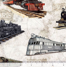Load image into Gallery viewer, QT Fabrics - Steam & Steel - Trains - Birch - 1/2 YARD CUT