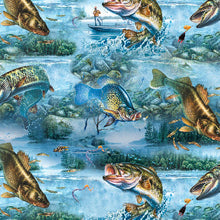 Load image into Gallery viewer, QT Fabrics - The Lure of Fishing - Fish & Lake Scenic - 1/2 YARD CUT