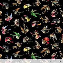 Load image into Gallery viewer, QT Fabrics - The Lure of Fishing - Fishing Lures - Black - 1/2 YARD CUT