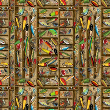 Load image into Gallery viewer, Timeless Treasures - Woodland Retreat - Tackle Box Lures - 1/2 YARD CUT