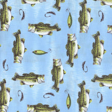 Load image into Gallery viewer, Wilmington Prints - Reeled In - Directional Fish Toss - Light Blue - 1/2 YARD CUT