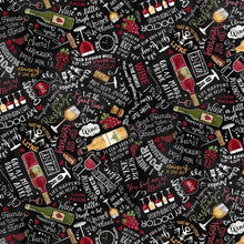 Load image into Gallery viewer, Timeless Treasures - Uncork & Unwind - Black Wine Cellar Text - 1/2 YARD CUT