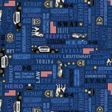 Load image into Gallery viewer, Timeless Treasures - Everyday Heroes - Blue Police - 1/2 YARD CUT - Dreaming of the Sea Fabrics