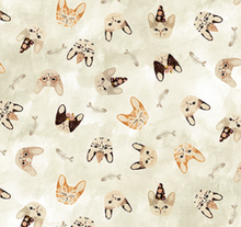Load image into Gallery viewer, cat heads kittens fish bones tan cream taupe beige fabric marcel Figo
