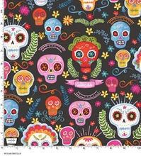 Load image into Gallery viewer, sugar skull spooky charcoal colorful red blue pink yellow white Michael miller la vida loca fabric