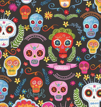 Load image into Gallery viewer, sugar skull spooky charcoal colorful red blue pink yellow white Michael miller la vida loca fabric