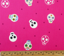 Load image into Gallery viewer, Lewis & Irene - Small Things Glow - Sugar Skulls on Bright Pink - 1/2 YARD CUT