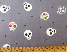 Load image into Gallery viewer, Lewis & Irene - Small Things Glow - Sugar Skulls on Grey - 1/2 YARD CUT