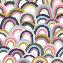 Load image into Gallery viewer, Paintbrush Studio - Rainbows - White, Pink, and Navy - 1/2 YARD CUT - Dreaming of the Sea Fabrics