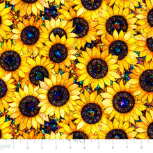 Load image into Gallery viewer, Camelot - Sonny in the Sunflowers - Stained Glass Sunflowers - Yellow - 1/2 YARD CUT
