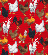 Load image into Gallery viewer, Fabric Traditions - Farm Chickens on Red - 1/2 YARD CUT
