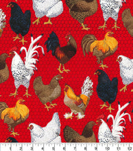 Load image into Gallery viewer, Fabric Traditions - Farm Chickens on Red - 1/2 YARD CUT
