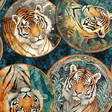 Load image into Gallery viewer, QT Fabrics - Eye of the Tiger - Tiger Circle Collage Prussian Blue - 1/2 YARD CUT
