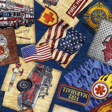 Load image into Gallery viewer, QT Fabrics - American Heroes Firefighter - Overlapping Patches Navy - 1/2 YARD CUT
