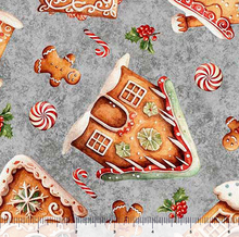 Load image into Gallery viewer, QT Fabrics - QT Cuties - Gingerbread Houses - Gray - 1/2 YARD CUT

