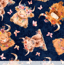 Load image into Gallery viewer, QT Fabrics - QT Cuties 2 - Baby Highland Cows Navy - 1/2 YARD CUT
