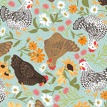 Load image into Gallery viewer, QT Fabrics - Chickens in the Meadow - Chickens &amp; Flowers - Dusty Aqua - 1/2 YARD CUT

