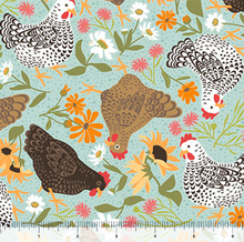 Load image into Gallery viewer, QT Fabrics - Chickens in the Meadow - Chickens &amp; Flowers - Dusty Aqua - 1/2 YARD CUT
