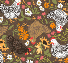 Load image into Gallery viewer, QT Fabrics - Chickens in the Meadow - Chickens &amp; Flowers - Brown - 1/2 YARD CUT

