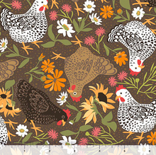 Load image into Gallery viewer, QT Fabrics - Chickens in the Meadow - Chickens &amp; Flowers - Brown - 1/2 YARD CUT
