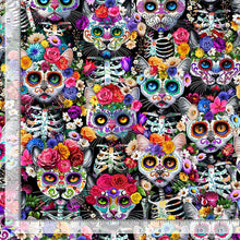 Load image into Gallery viewer, Timeless Treasures - Day of the Dead - Packed Skeleton Floral Cats - 1/2 YARD CUT

