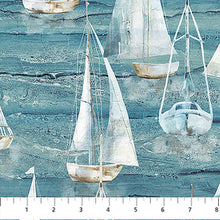 Load image into Gallery viewer, Northcott - Smooth Sailing - Stripe - Large Sailboats - Medium Blue - 1/2 YARD CUT
