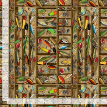 Load image into Gallery viewer, Timeless Treasures - Woodland Retreat - Tackle Box Lures - 1/2 YARD CUT
