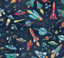 Load image into Gallery viewer, Andover Prints - Makower UK - Orbit - Rockets - Blue - 1/2 YARD CUT
