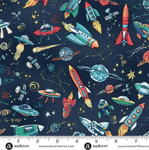 Load image into Gallery viewer, Andover Prints - Makower UK - Orbit - Rockets - Blue - 1/2 YARD CUT
