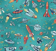 Load image into Gallery viewer, Andover Prints - Makower UK - Orbit - Rockets - Teal - 1/2 YARD CUT
