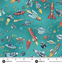 Load image into Gallery viewer, Andover Prints - Makower UK - Orbit - Rockets - Teal - 1/2 YARD CUT
