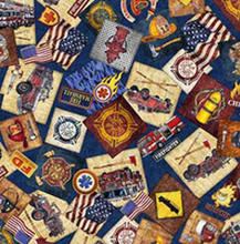 Load image into Gallery viewer, QT Fabrics - American Heroes Firefighter - Overlapping Patches Navy - 1/2 YARD CUT
