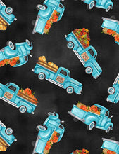 Load image into Gallery viewer, Timeless Treasures - Tossed Blue Autumn Trucks - 1/2 YARD CUT
