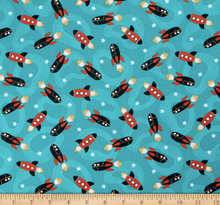 Load image into Gallery viewer, Michael Miller - Ready Your Rockets - Teal - GLOW IN THE DARK - 1/2 YARD CUT
