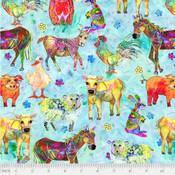 Load image into Gallery viewer, cow chicken rooster horse goat pig duck allover animals living room p b textiles fabric designs prints
