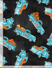 Load image into Gallery viewer, Timeless Treasures - Tossed Blue Autumn Trucks - 1/2 YARD CUT
