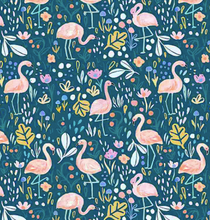 Load image into Gallery viewer, pink flamingo fling greenery floral leaves dark turquoise teal yellow summer lovin' dear Stella fabric 
