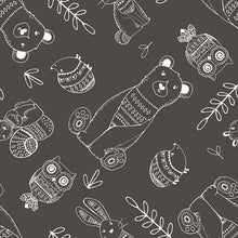 Load image into Gallery viewer, brown woodland animal tribe white bear owl hedgehog rabbit squirrel fox fabric 3 wishes
